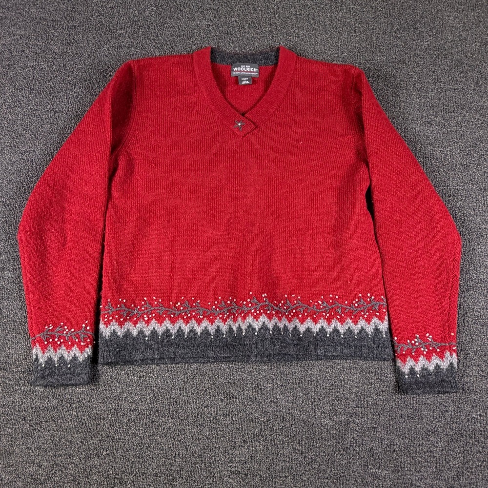 Woolrich Wool Sweater Womens S Ruby V-Neck Fair Isle Embroidered EUC